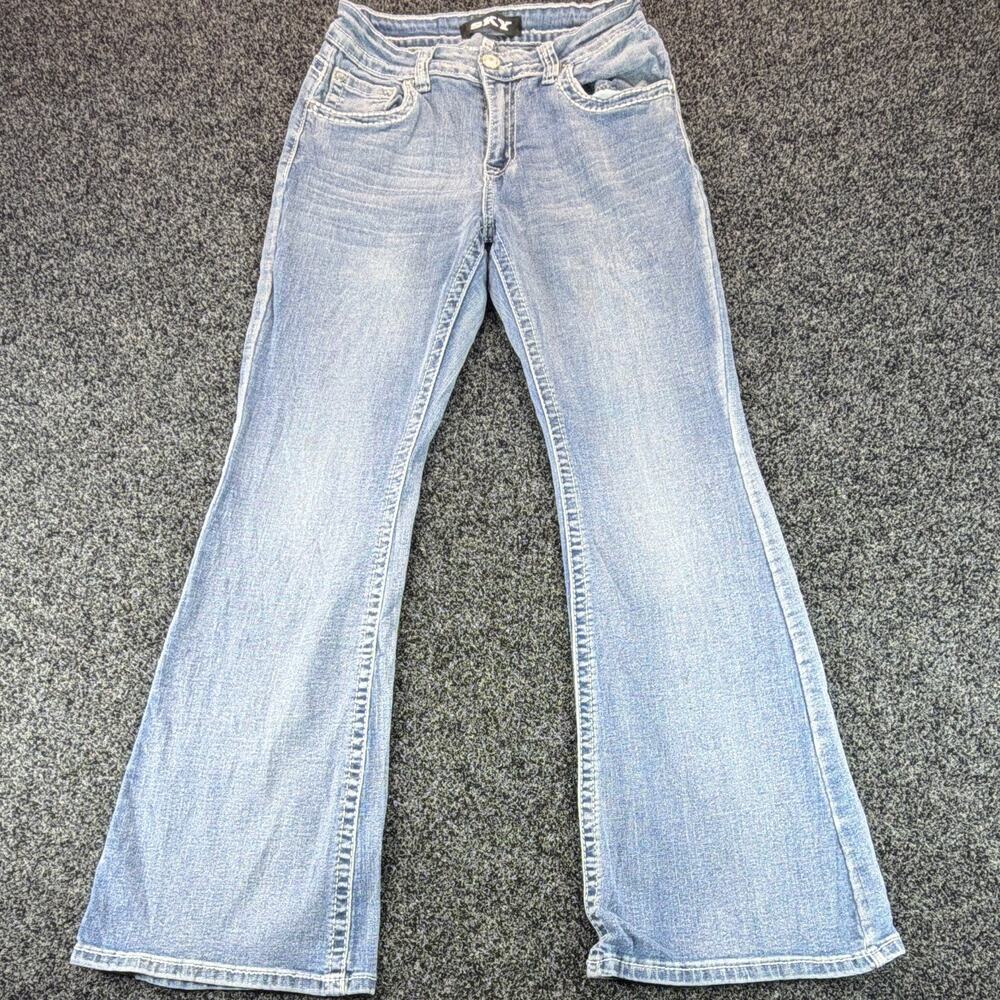 SKY Jeans Womens 9/10 Light Wash Flare Embroidered Rhinestone Pockets Y2K Style